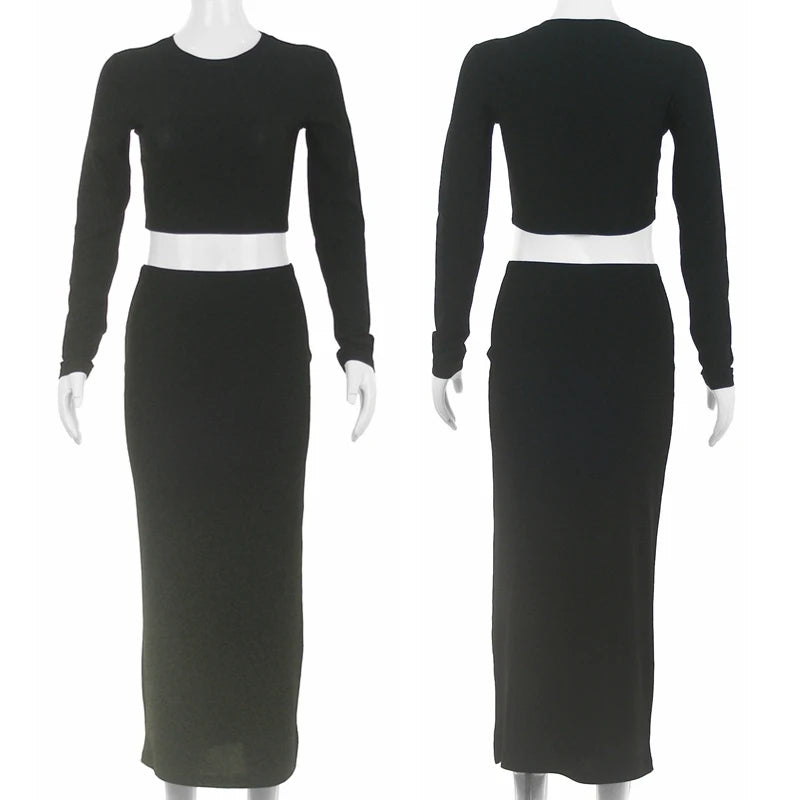 Women's 2PCS Dress Set Long Sleeve Crop Top And Mid-Calf Skirt Slim Fit Office Lady Fashion Spring/Autumn Suit Polyester Knitted