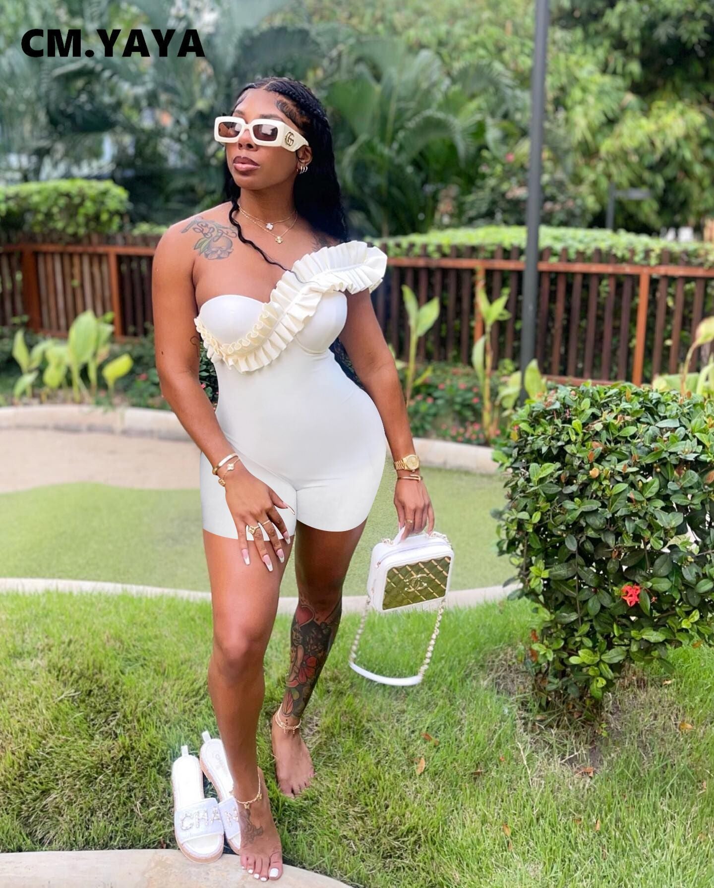 CM.YAYA Women Ruffles Spicing One Shoulder Sweetheart Neck White Bodycon Stretch Romper and Playsuit 2022 Summer Sexy Overall