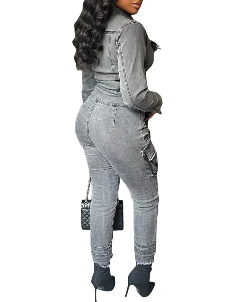 Autumn New Half Zipper Lace-up Denim Jumpsuit Women's Fashion Long Sleeve Elastic Slim Raw Trim Pocket Cargo Pants