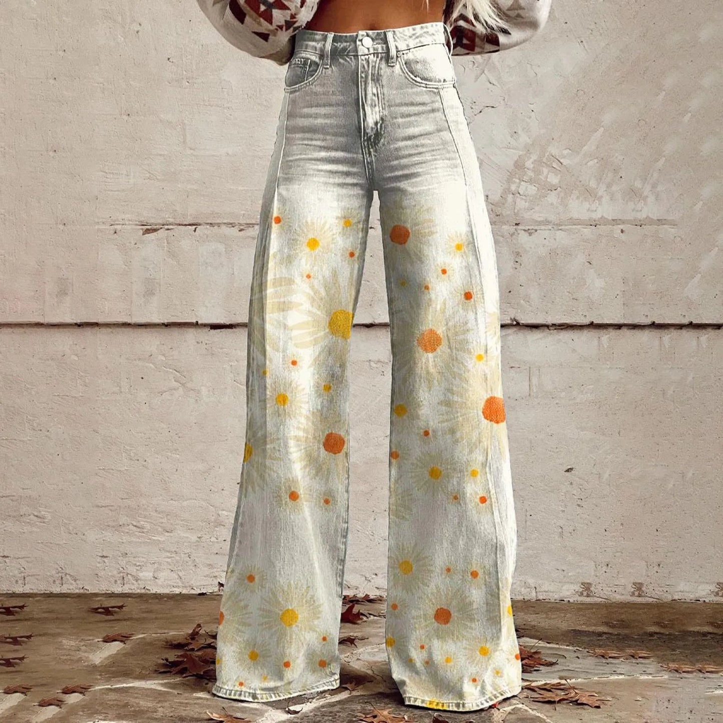 High Waisted Loose Fit Vintage Wide Leg Casual Pants for Women Fashionable 90s Floral Printed Baggy Trousers Comfortable Imitation Jeans
