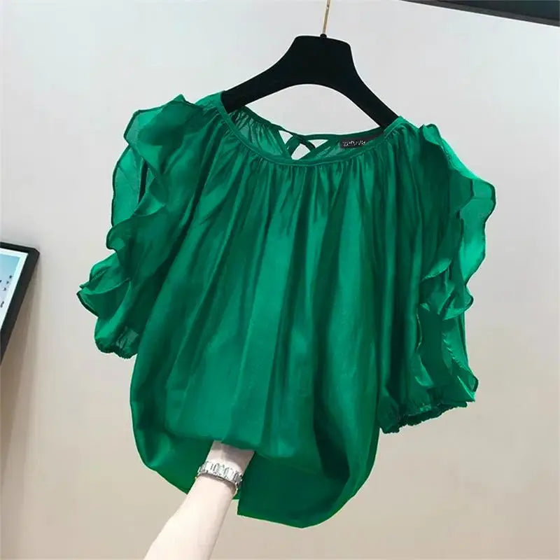 ZANZEA Women's Cold Shoulder Ruffled Blouse Half Sleeve Casual Loose Top with Back Straps Pleated Summer Tunic Fashion O-Neck