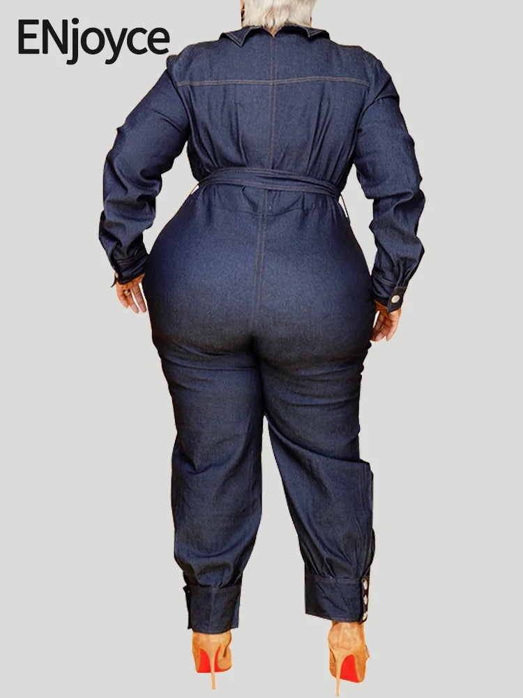 Denim Style Denim Jumpsuit with Belt Women Fashion Plus Size Loose Jeans Casual Overalls Romper Outfit