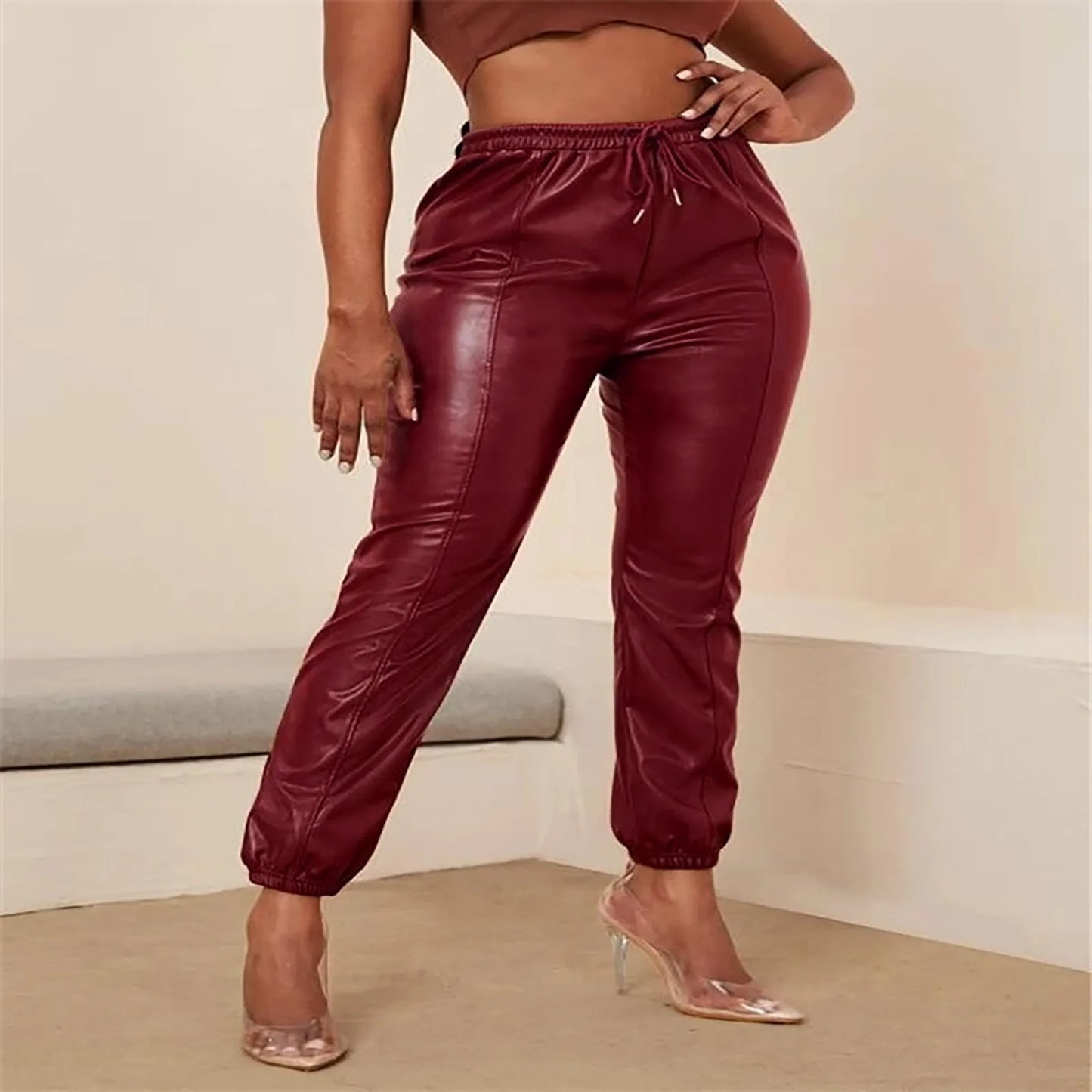 Women'S Trousers With Belt Solid Color Leather Pants Mid-Waist Fashion Straight Leg Bloomers Loose Female Black Pants New 바지