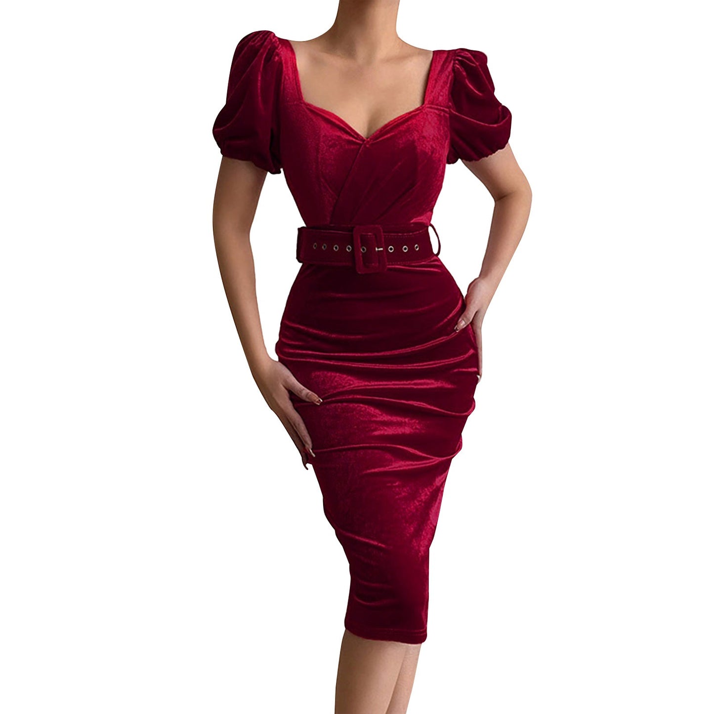 Dress Elegant Solid Color Waistband Sexy Low Neck Bubble Sleeve Velvet Hip Wrap Dress Formal Dresses For Wedding Guest