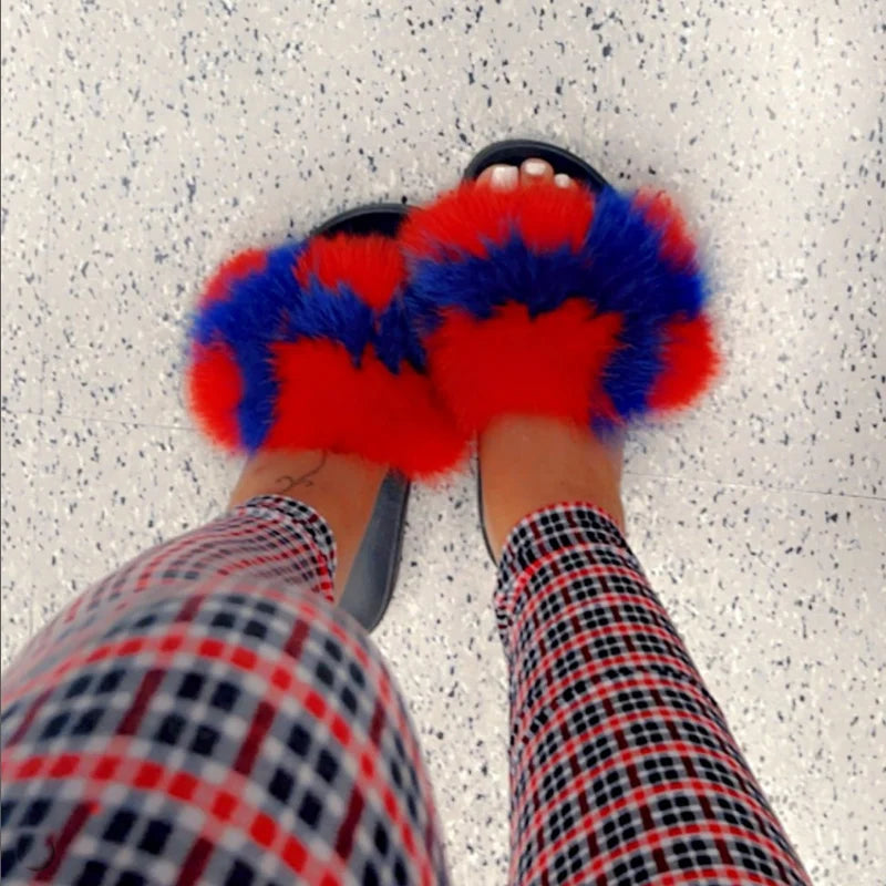Rainbow Fur Slides Women's Furry Plush Raccoon Fox Fur Slippers Indoor Flat Non-Slip Summer Beach Flip Flops Large Size Sandals