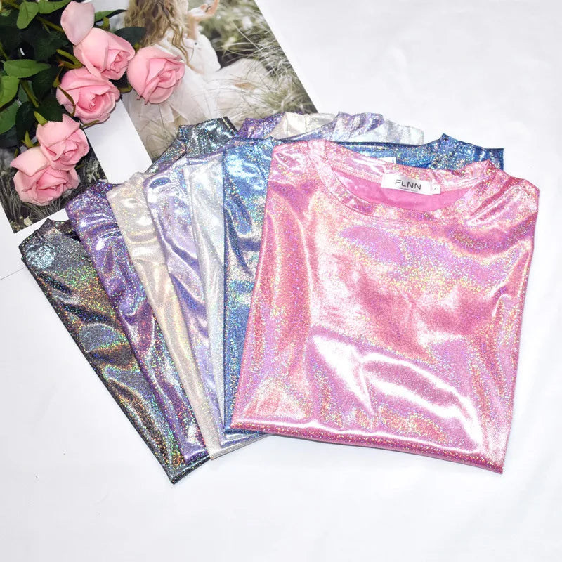 Women Bright T-shirt Silk Shiny Flash Short Sleeve Female Tide Big Shirts Student Thin Glitter Reflective Fashion Lady Clothes
