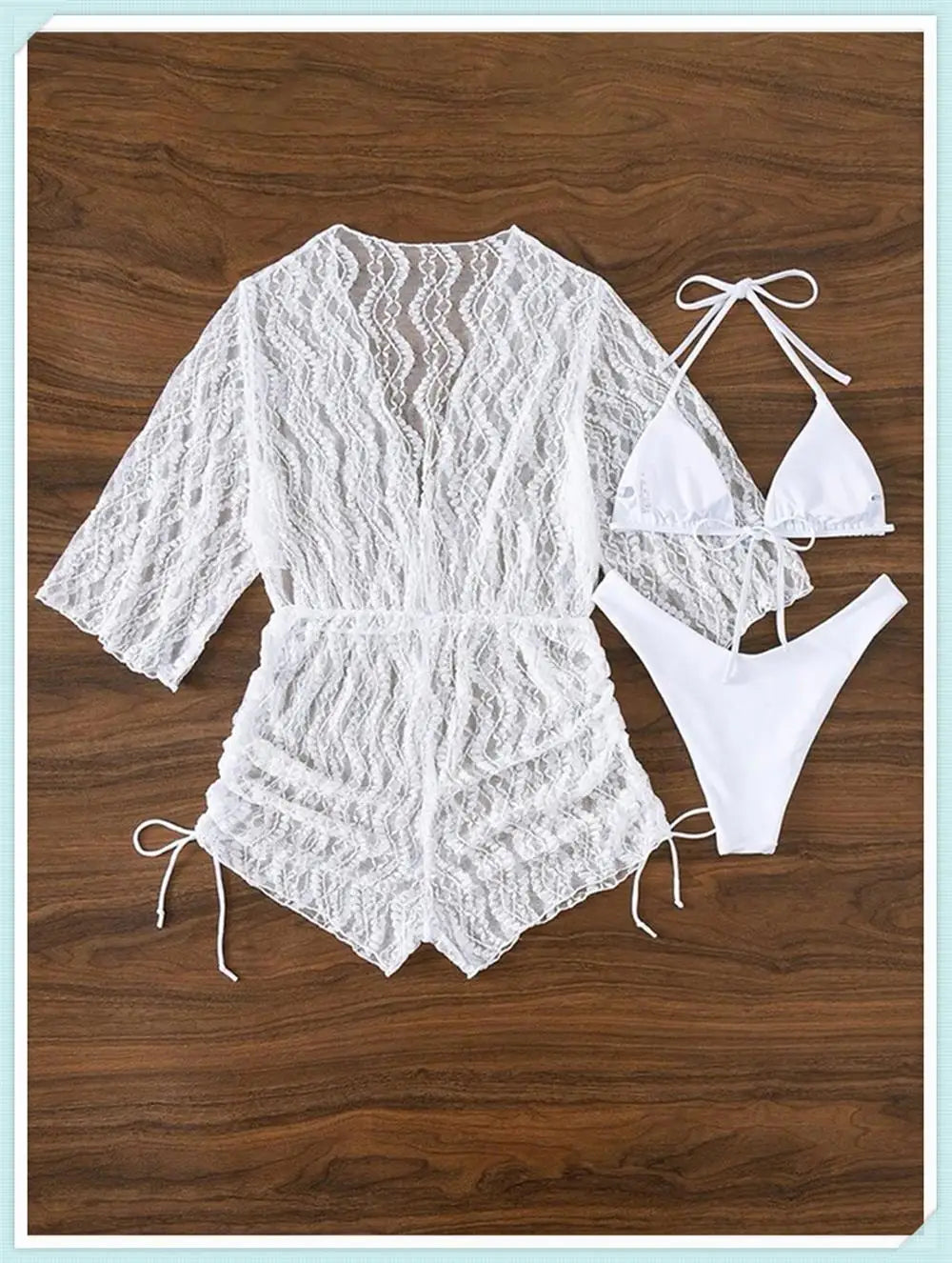 3 pieces Halter Bikini Tropical Print Swimsuit Drawstring Side Swimwear Women Long Sleeve Bathing Suit Female Swimming Beachwear