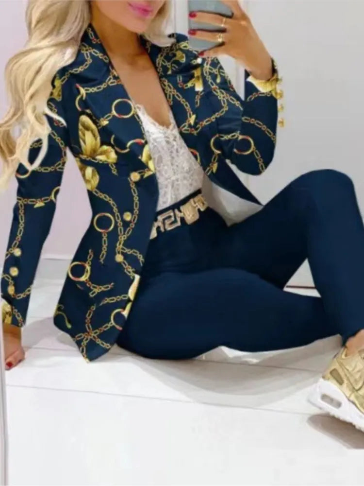 Autumn Winter New Printed Suit Long Sleeve For Women's Suit Fashion Color Matching Slim Elegant Female Office 2 Piece Set