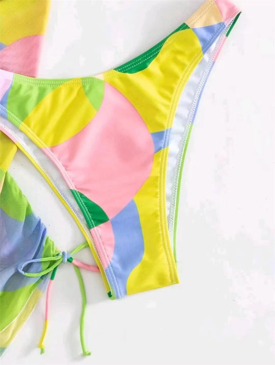 3 pieces Halter Bikini Tropical Print Swimsuit Drawstring Side Swimwear Women Long Sleeve Bathing Suit Female Swimming Beachwear
