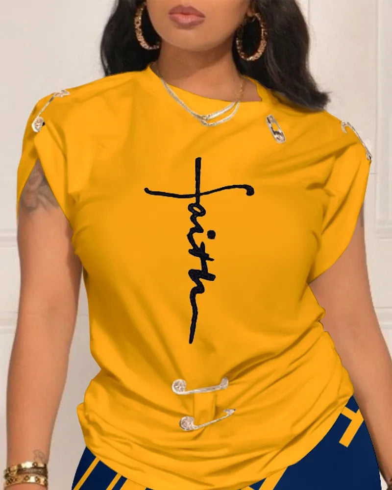 Casual Short Sleeve Tshirt Shorts Set Office Lady Spring Summer Fashion O-neck Letter Print Two Piece Set Women Outfit 2023