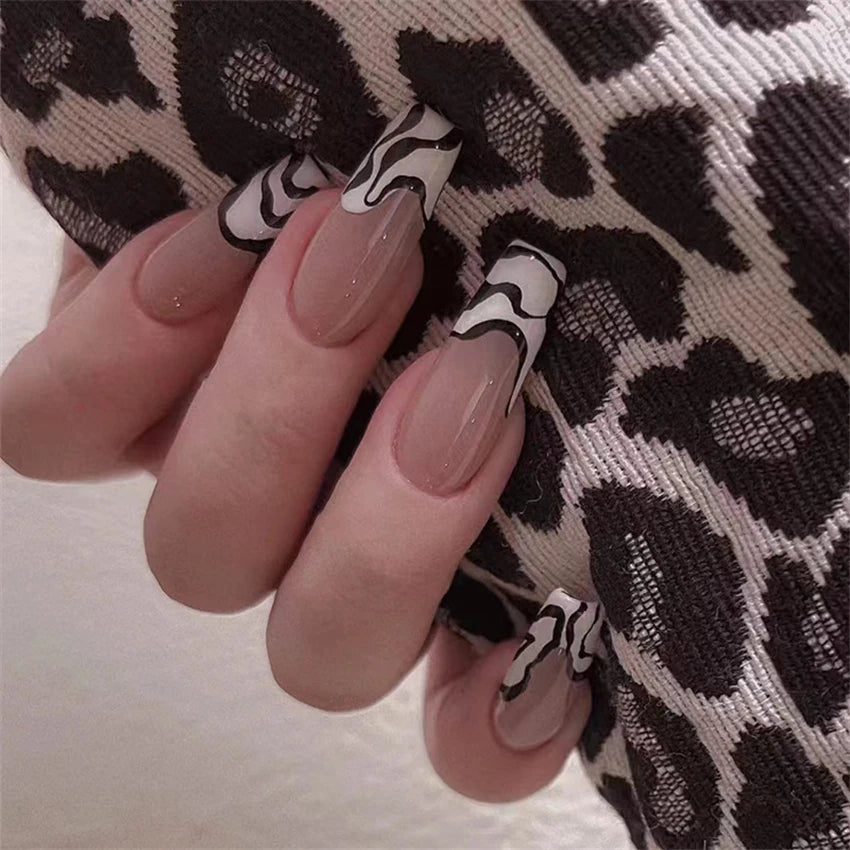 24Pcs/Set Press on Nails Gradient Point Drill Ballet Wearing False Nails Long French Stick on Nail Artificial Acrylic Fake Nails
