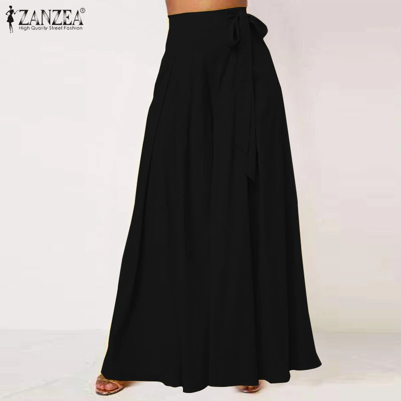 Elegant High Waist Solid Work Trousers ZANZEA Fashion Summer Women Loose Wide Leg Pants Palazzo Oversized Bow Tie Long Pantalon