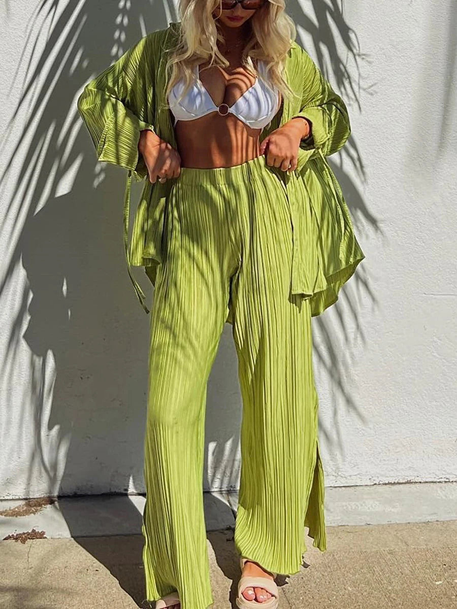 Women's Two-piece Pleated Pants Sets Chic Solid Color Long Sleeve Button Down Shirts with Straight Leg Trousers Casual Style