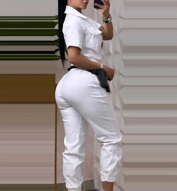 Women's Casual Short Sleeve Pocket Design Cuffed Cargo Jumpsuit 2024 Summer New Female Clothes Fashion Drawstring Jumpsuits
