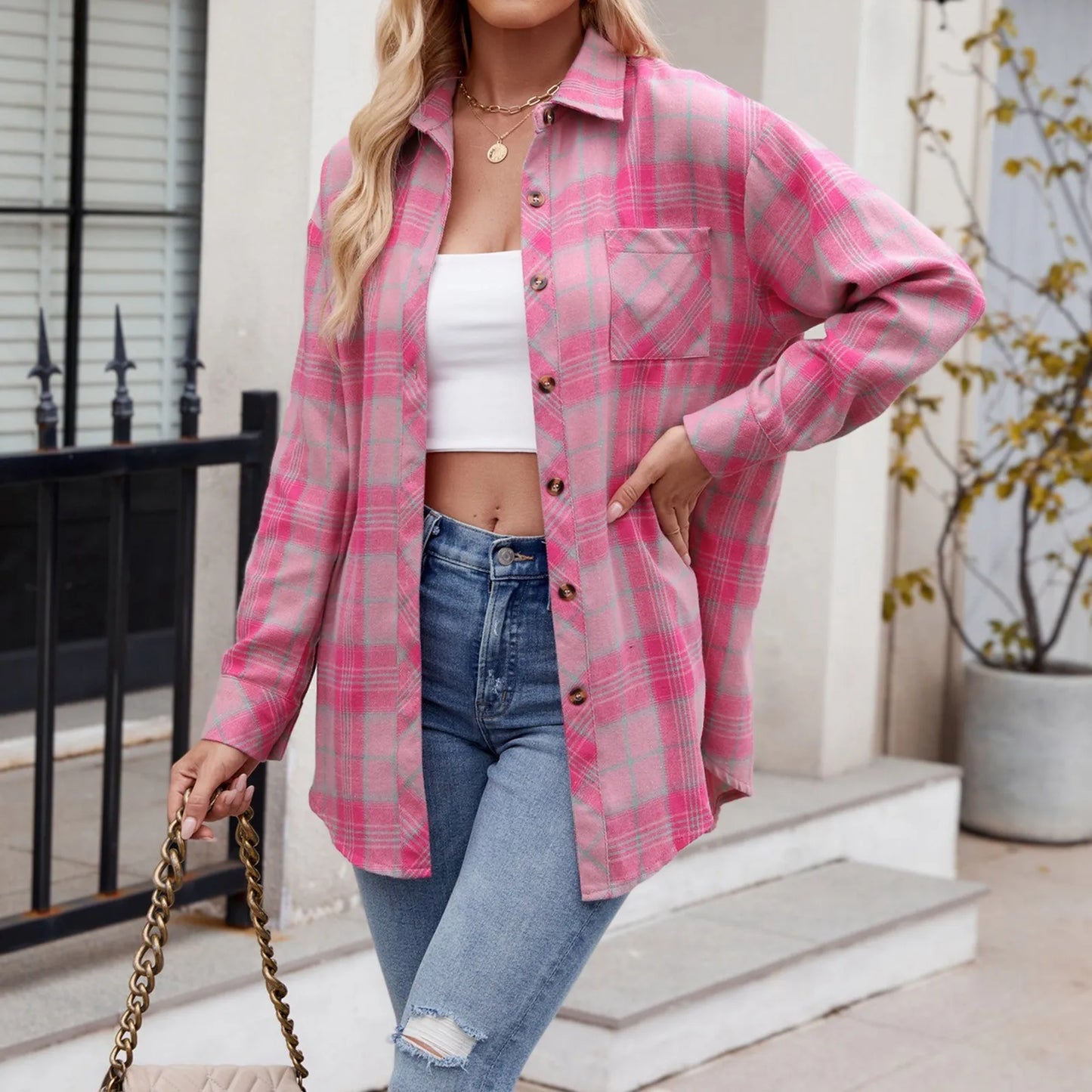 Women V Neck Tee Coat Shirts Lightweight Flannel Plaid Button Down Shirt Oversized Long Sleeve Shirts Youthful Woman Clothes