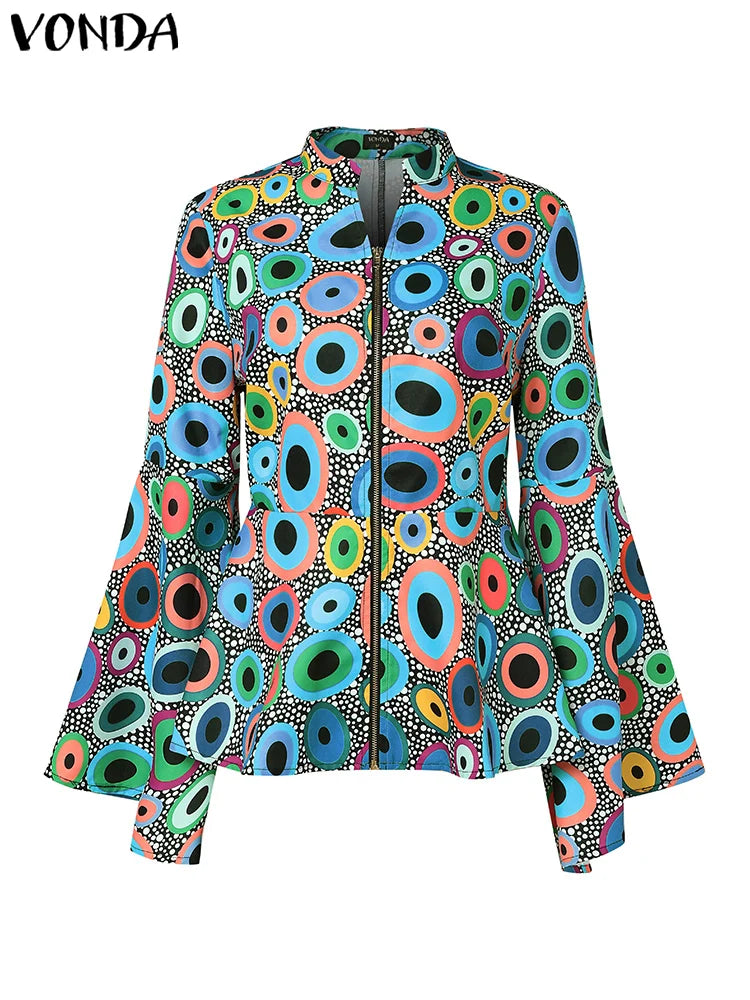 Plus Size 5XL VONDA Women Bohemian Tops 2024 Flared Sleeve Printed Tops Stand Collar Blouse Cover Up Casual Loose Blusas Tunic