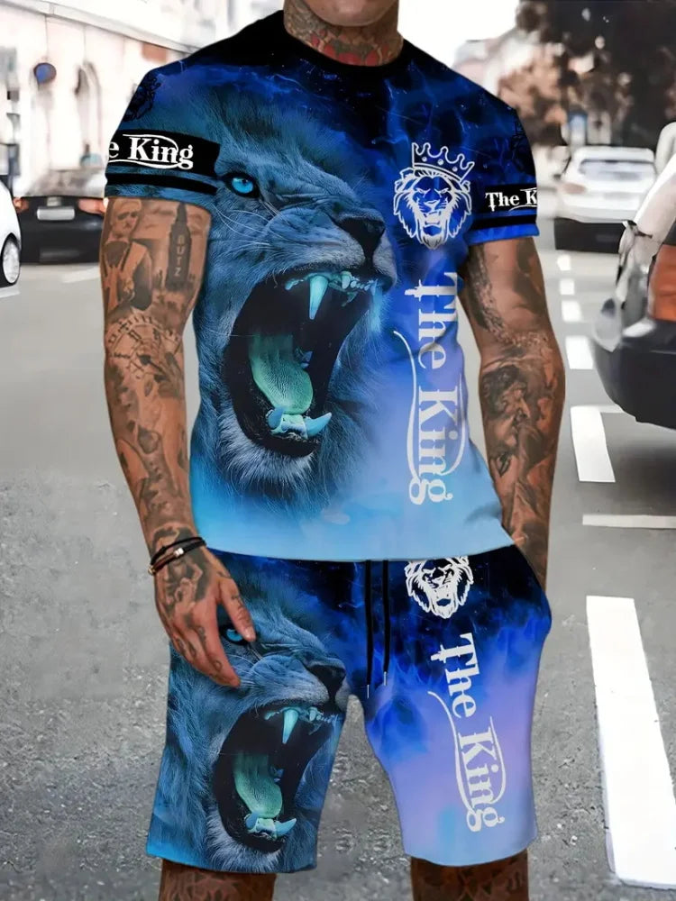 New Lion King 3D Printed Short Sleeve T-shirt Shorts 2 Piece Summer Men's Fashion Street Fashion Short Sleeve Suit Casual
