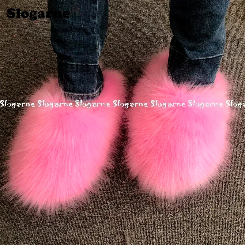New Colorful Raccoon Fur Slippers Women Winter Faux Fur Shoes Ladies Luxury Furry Slippers Girls Artificial Fox Furs Slides Shoe