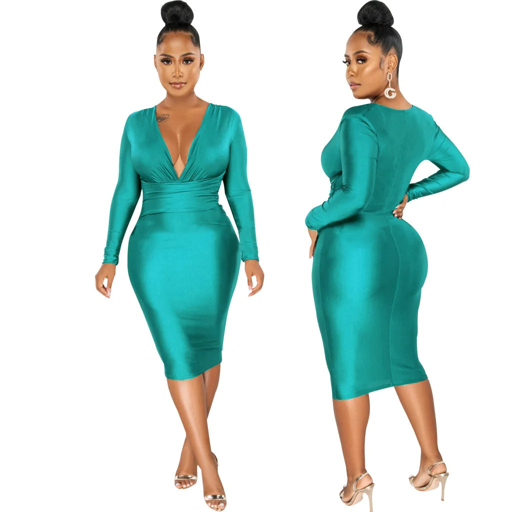CM.YAYA Women V-neck Elegant Long Sleeve Midi Dress 2024 Winter Ruched OL Streetwear Africa Party Club Dresses Vestidos