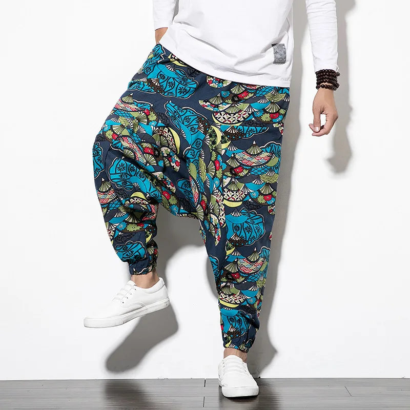 Cotton Linen Harem Pants Men Elastic Waist Streetwear Floral Joggers 2023 New Baggy Drop-crotch Pants Casual Trousers Men