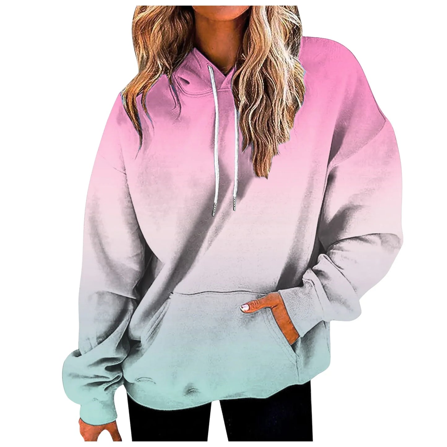 Women's Gradient Color Casual Hoodies Long Sleeve Oversized Sweatshirts Loose Fitted Drop-Shoulder Hooded Pullover худи женский