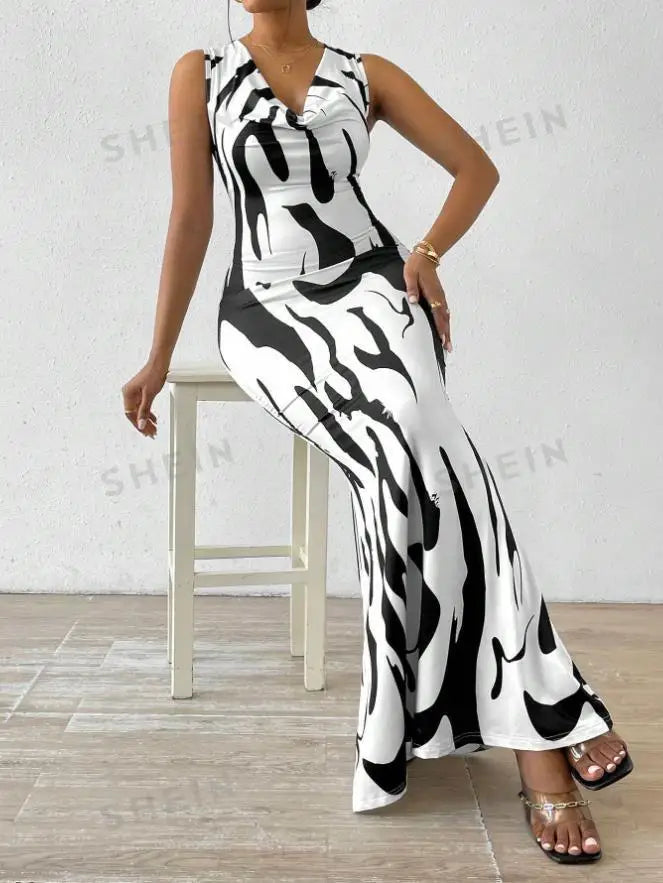 Sexy Bodycon Package hip Party Women's Long Dresses Summer Print Sleeveless Pile Collar Slim Skinny Party Maxi Dress For Women