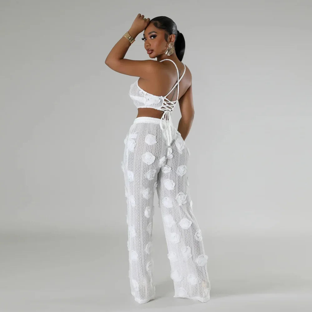Sexy Crop Mesh Tops Two Piece Pant Set Outfits Matching Sets 2024 Women Y2K Streetwear Elegant Flower 2 Piece Summer Set