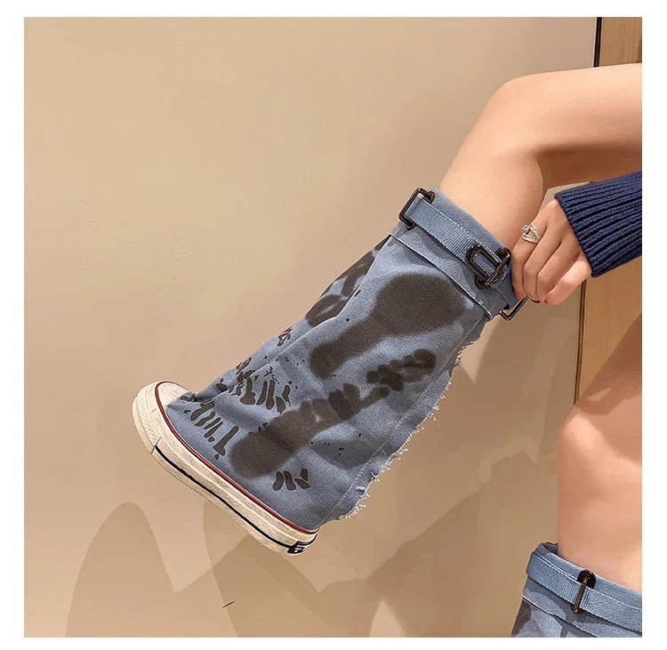 Women's Spring Graffiti High Canvas Boots Round Head Middle Follow Anti-slip Boots Women Leisure Fashion Rubber Sole Botas Mujer
