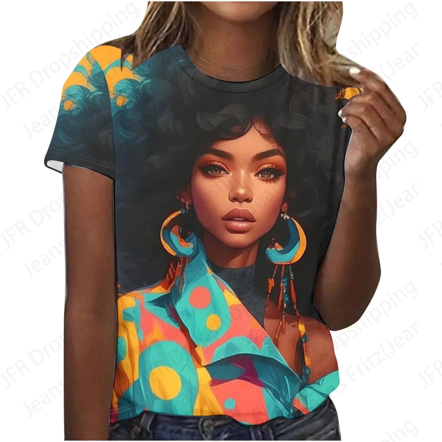 Sexy 3D Print Africa Women T-Shirt Black Large Size Short Sleeve Fashion Top for Females Eye Catching Graphic Design