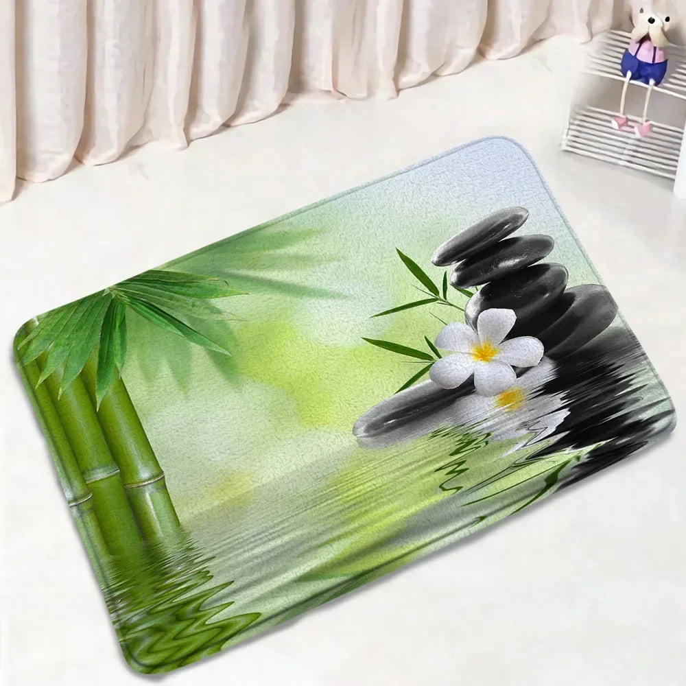 Zen Bath Mat Set Pink Lotus Orchid Grey Stone Green Bamboo Home Carpet White Bathroom Decor Flannel Floor Rugs Toilet Lid Cover