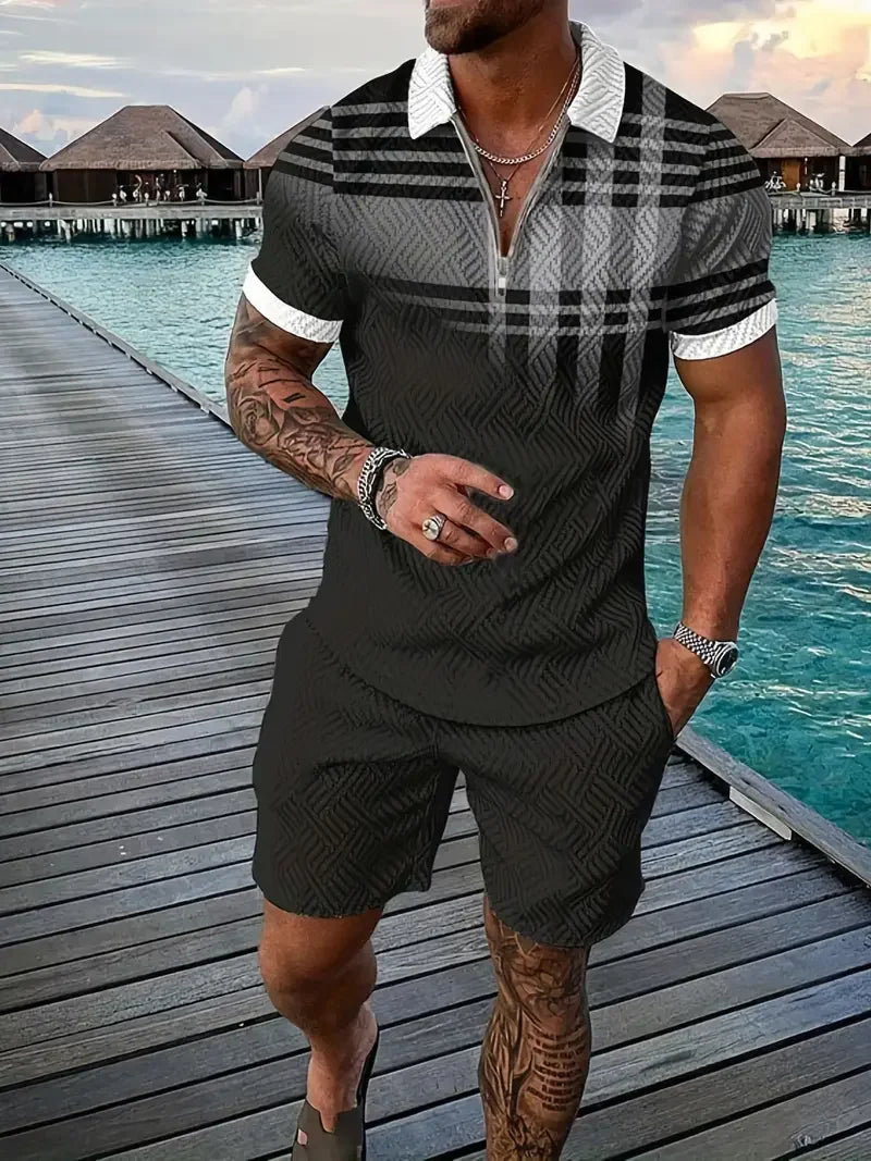 Zipper Shirt Shorts Set Summer Fashion Casual Men's Sports Set 3D Printed Simple Style Lapel Zipper Shirt 2 Sets