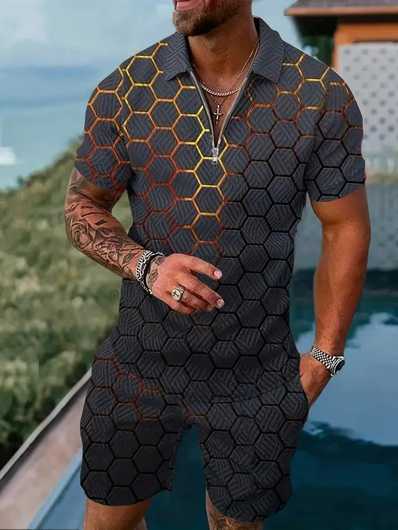 Zipper Shirt Shorts Set Summer Fashion Casual Men's Sports Set 3D Printed Simple Style Lapel Zipper Shirt 2 Sets
