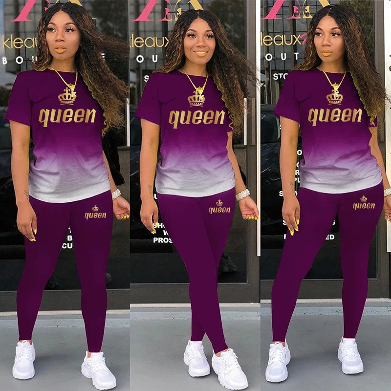 Two Piece Outfits For Yoga Fitness Athletic Sets Printed Gradient T Shirt Leggings Women's Short Sleeve Sportwear S-5XL