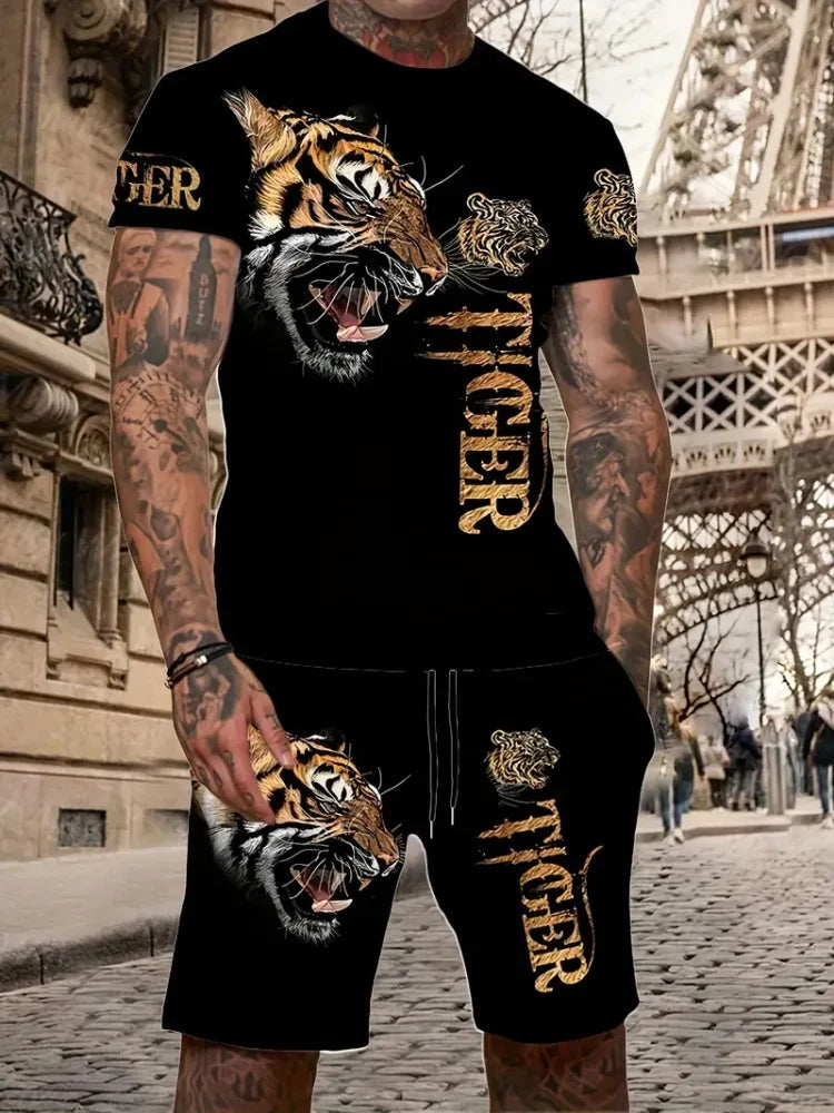 New Lion King 3D Printed Short Sleeve T-shirt Shorts 2 Piece Summer Men's Fashion Street Fashion Short Sleeve Suit Casual