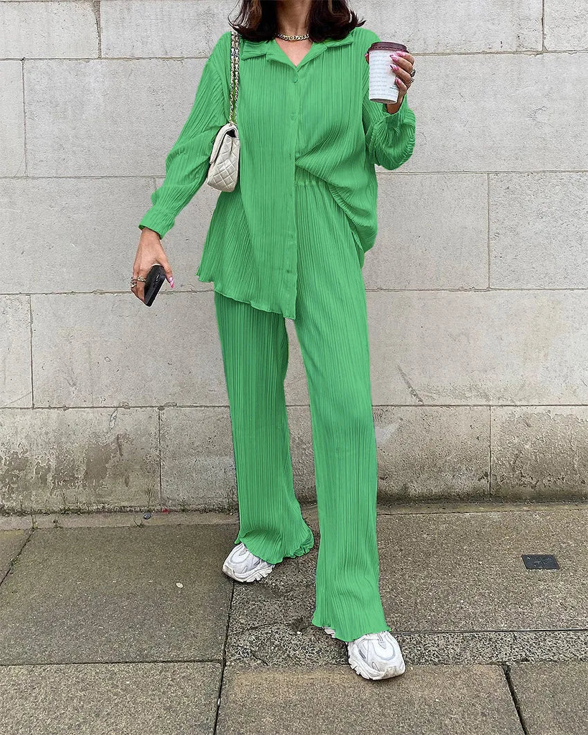 New Spring And Autumn Suit Women's Pleated Lapel Shirt Loose Casual Suit Solid Color Drape Pleated Casual Suit