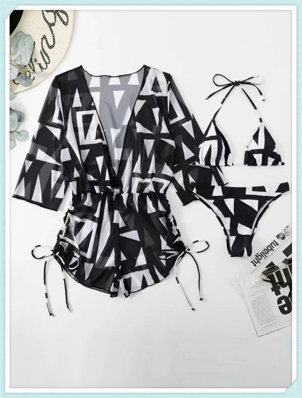 3 pieces Halter Bikini Tropical Print Swimsuit Drawstring Side Swimwear Women Long Sleeve Bathing Suit Female Swimming Beachwear