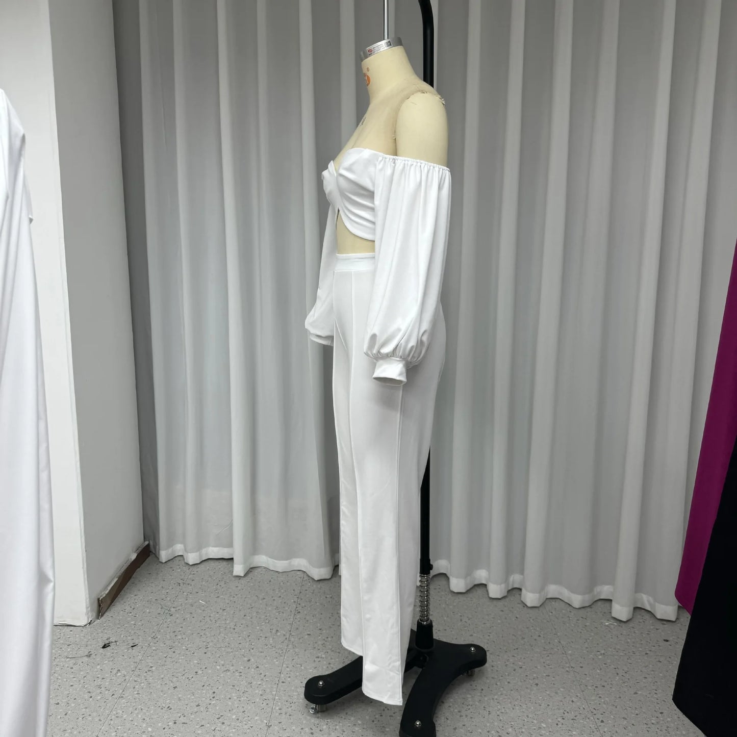 Pant Set Women Two Piece Sets Slim Fit Off Shoulder Sexy Puff Sleeve V Neck Tops High Waist Elegant Splice Straight Long Pants
