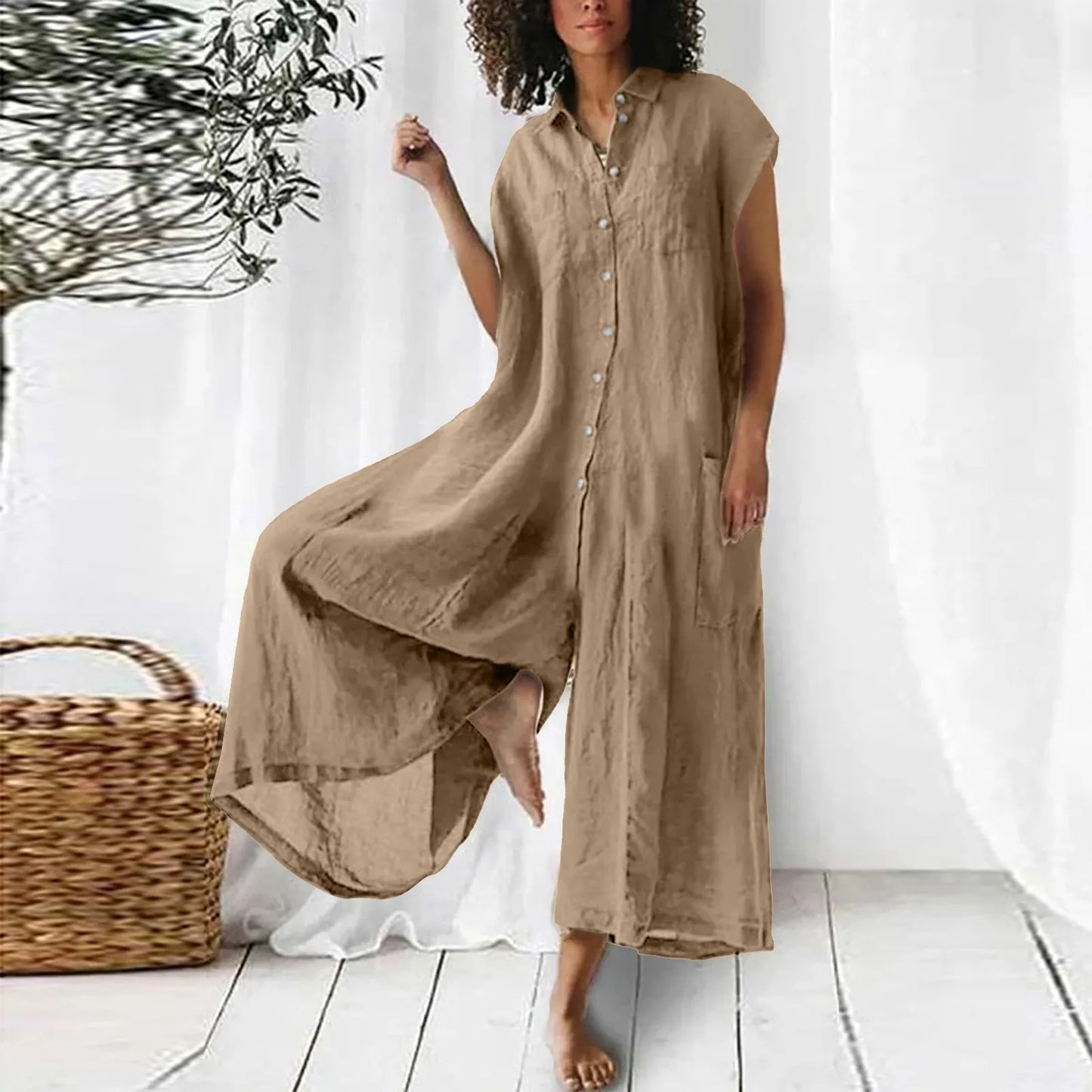 Relax Retro Loose Style Wide Leg Jumpsuits For Women Elegant Vintage Turn Down Neck Short Sleeve Boho Green Long Overalls