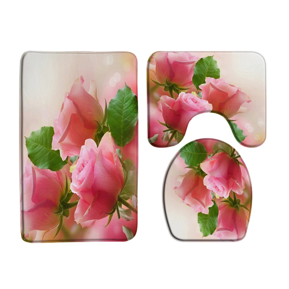 Butterfly Rose Flower Printed Waterproof Bathroom Shower Curtain Set Non-Slip Bath Mat Rug Sets Toilet Cover Bathroom Decor