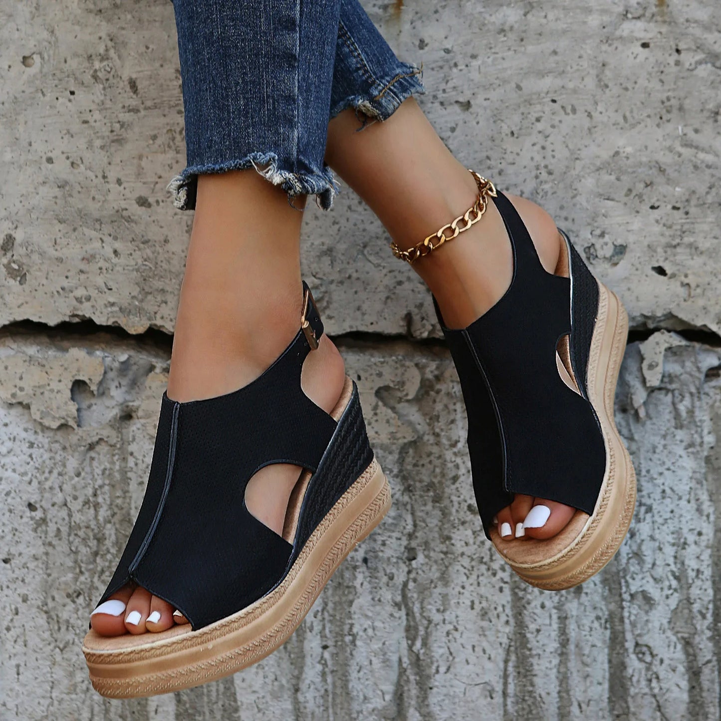 Summer Plus Size Wedge High Heels Sandals Women 2024 Peep Toe Platfrom Sandals Woman Buckle Strap Non Slip Beach Sandles Mujer