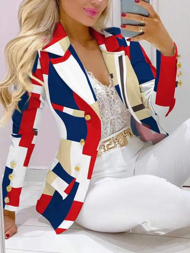Autumn Winter New Printed Suit Long Sleeve For Women's Suit Fashion Color Matching Slim Elegant Female Office 2 Piece Set