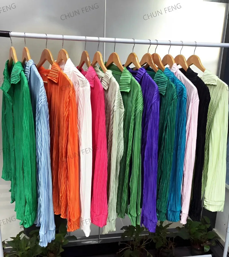 New Spring And Autumn Suit Women's Pleated Lapel Shirt Loose Casual Suit Solid Color Drape Pleated Casual Suit