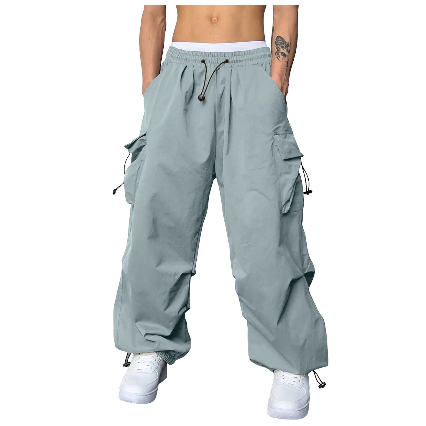 Oversized Men's Casual Pants Woven Pocket Foot Rope Solid Color Street Cargo Pants
