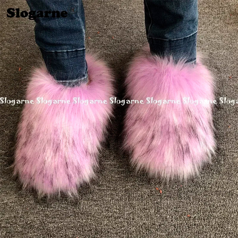 New Colorful Raccoon Fur Slippers Women Winter Faux Fur Shoes Ladies Luxury Furry Slippers Girls Artificial Fox Furs Slides Shoe