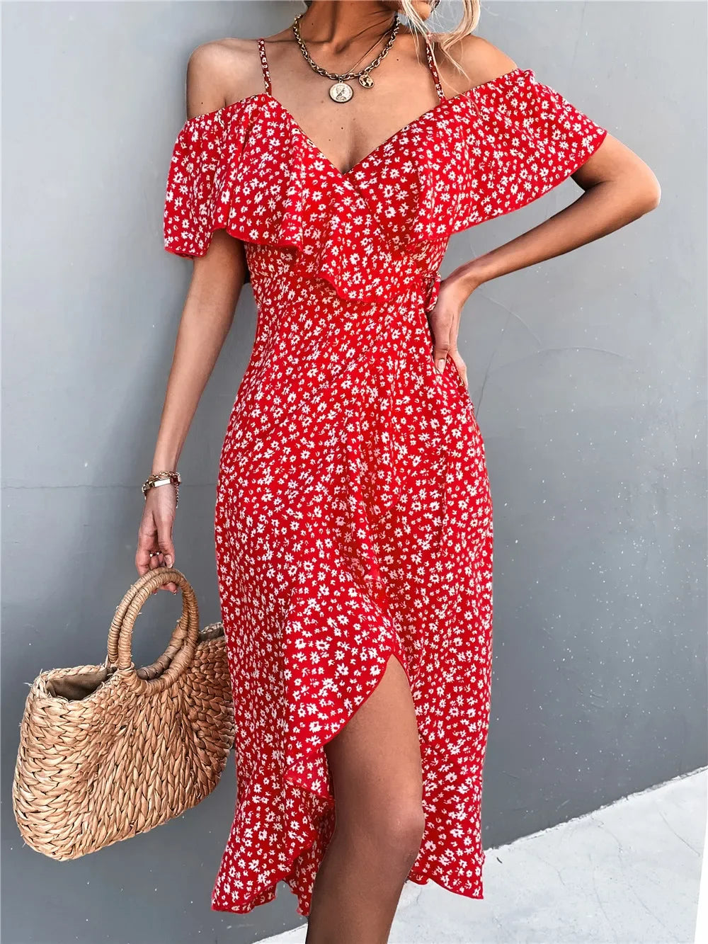 Chic Floral Print Sling Dress Women Summer Dresses NEW Elegant Sexy Strapless Spaghetti Irregular Ruffle Hem Slit Dress