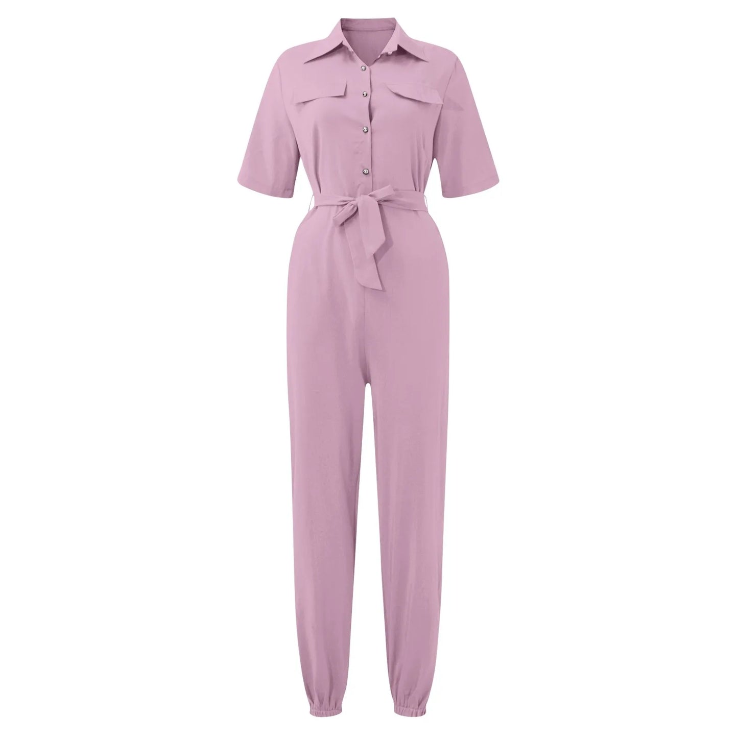 Women's Casual Lapel Lace-Up Printed Belt Short Sleeve Jumpsuit Summer Fashion Workwear Keep Short Eye Catching Junior Size