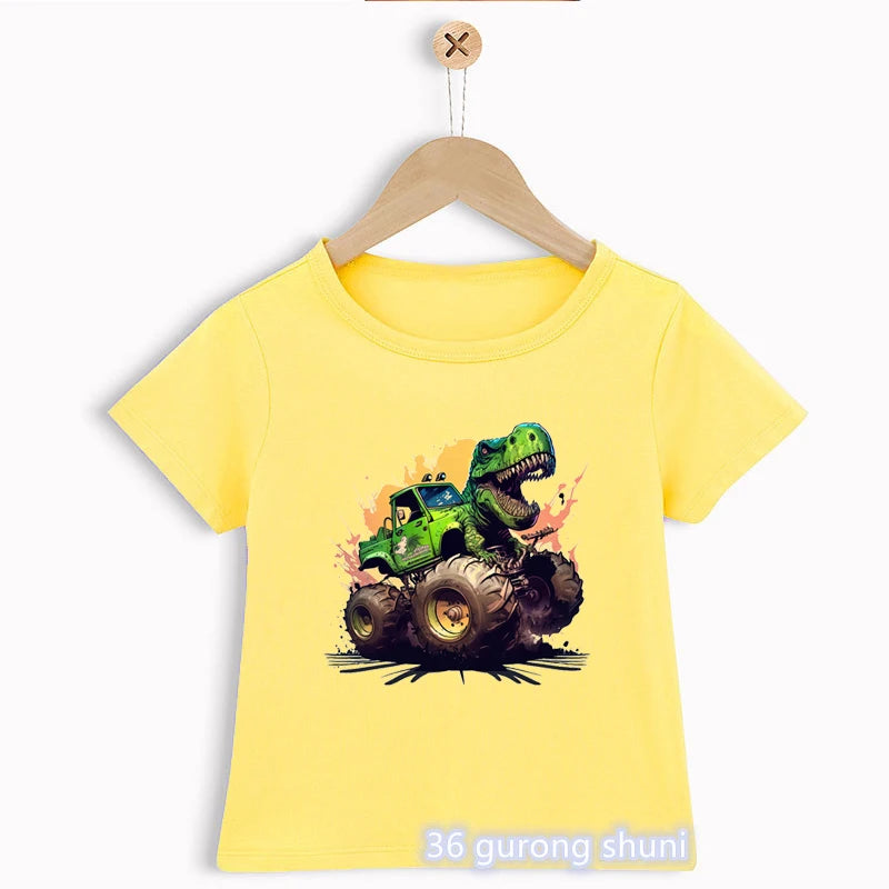 Cute Monster Truck T-Shirt for Kids Harajuku Style Dinosaur Print Suitable for Girls Boys Funny Children's Clothing