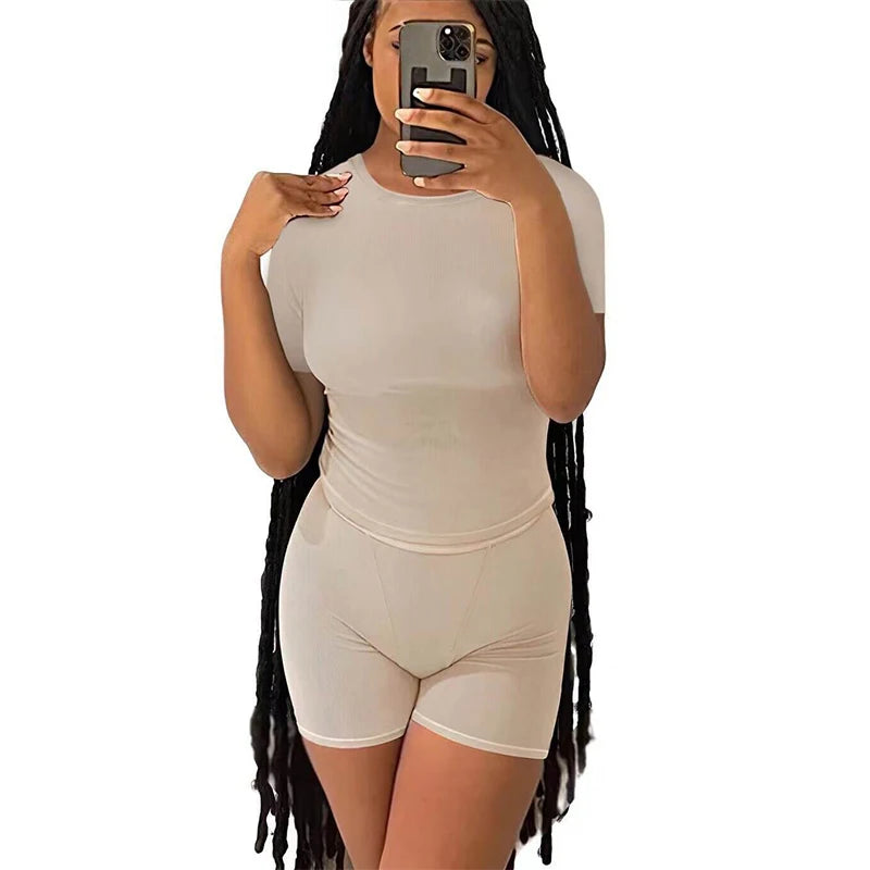 Casual Workout Two Piece Outfits for Women Fitted Crew Neck T-shirt High Waist pants Matching Sets Streetwear