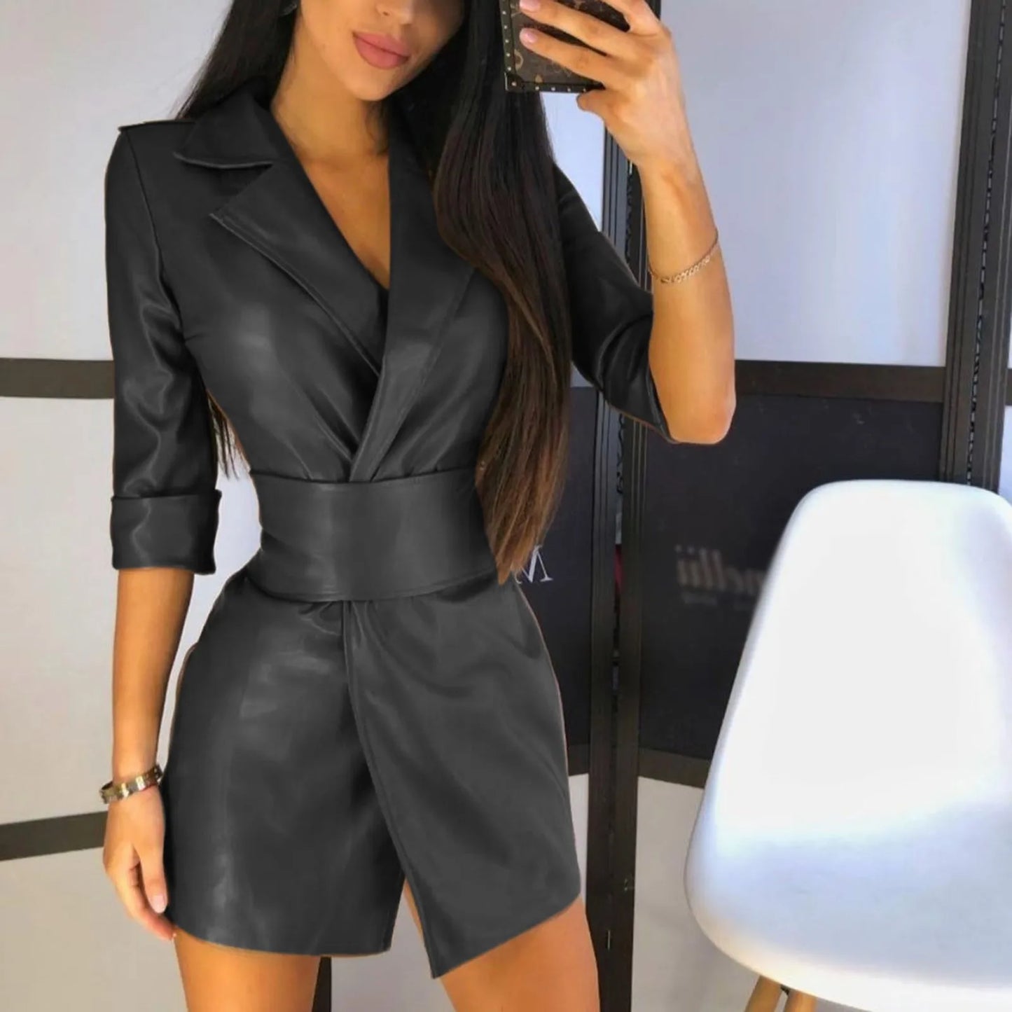 Cool Leather Coat Dress for Women Long Sleeve V Winter Jacket Pu Sexy Bodycon Leather Mini Dress Elegant Waist in Dresses