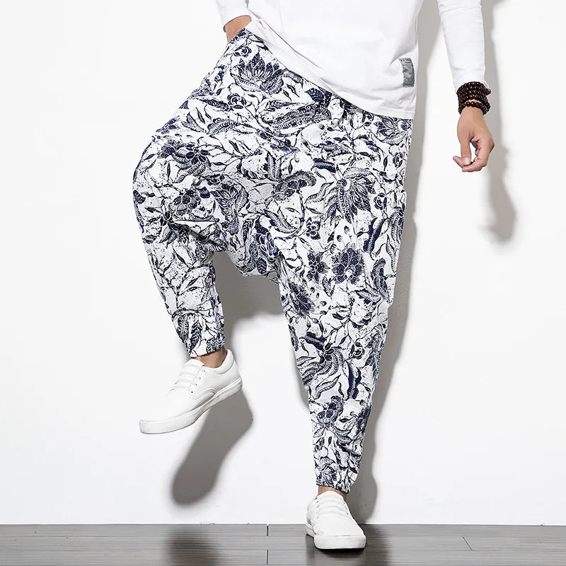Cotton Linen Harem Pants Men Elastic Waist Streetwear Floral Joggers 2023 New Baggy Drop-crotch Pants Casual Trousers Men